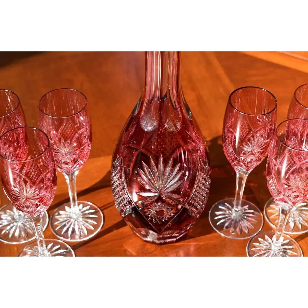 Nachtmann Traube Wine Decanter with Stopper and 6 Cranberry Tall Sherry Glasses